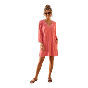 Lands’ End Coral Terry Swim Cover-Up Dress V-Neck Pockets L 14-16